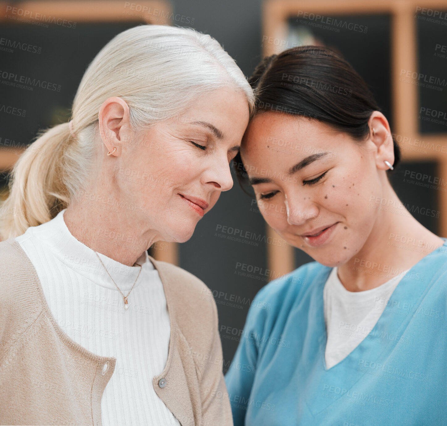Buy stock photo Nursing home friendship, senior woman and nurse with a smile from retirement and support. Bonding, healthcare and Asian caregiver feeling happy from elderly care and medical job with a elderly female