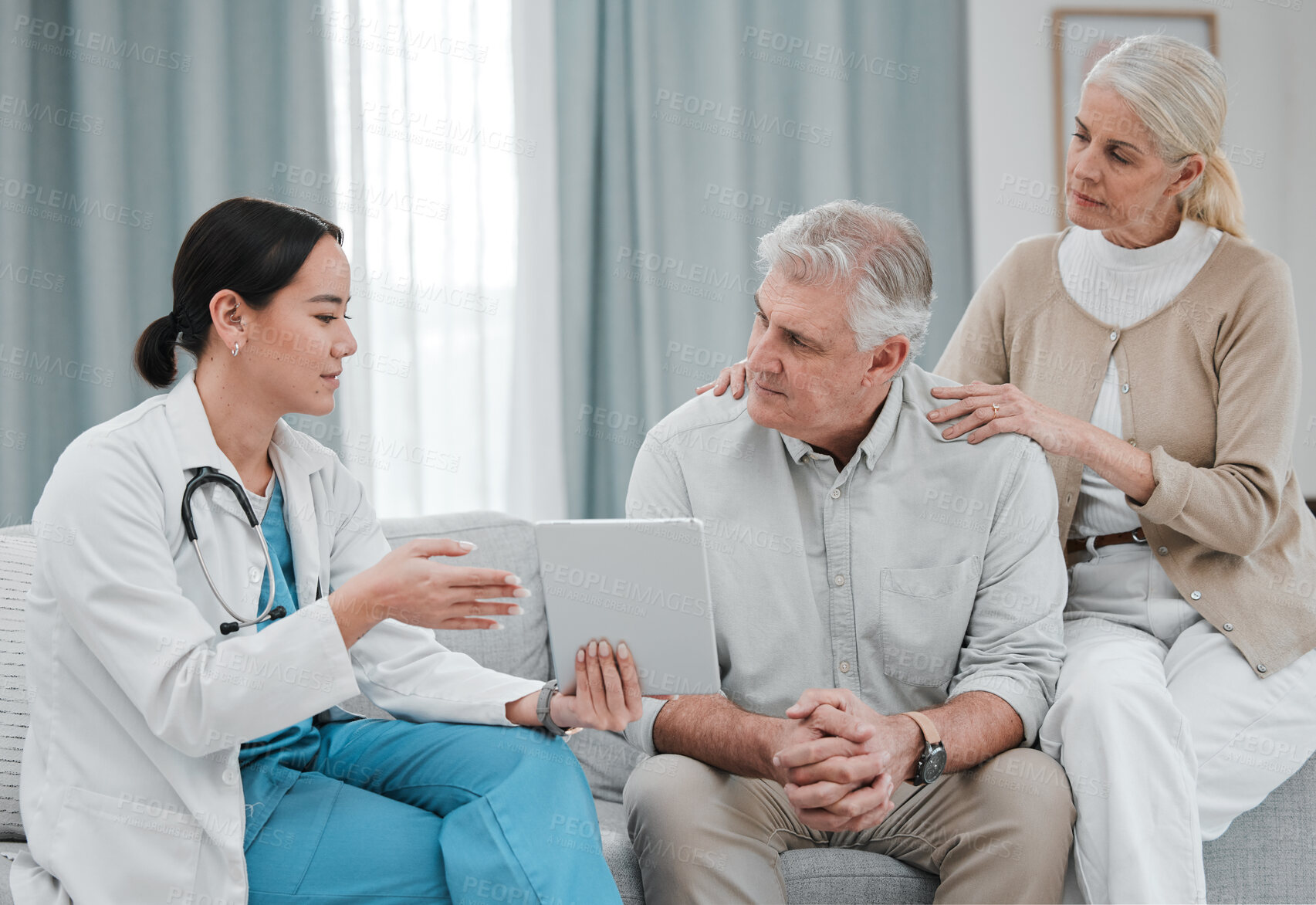 Buy stock photo Nurse with tablet results consulting old couple in hospital after surgery or medical test report for support. News, healthcare clinic or doctor working or helping a depressed or sick elderly person
