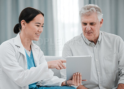 Buy stock photo Woman doctor, tablet and senior patient consultation for healthcare advice, services and test results review. Medical professional or asian person talking of healthcare data on digital technology
