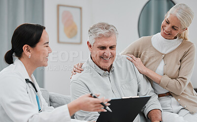 Buy stock photo Nurse, healthcare and planning with a senior couple in their home, talking to a medicine professional. Medical, insurance or life cover with a mature man and woman meeting a medicine professional