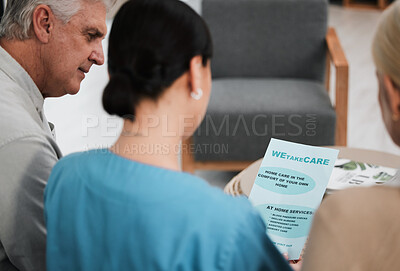 Buy stock photo Senior couple, doctor and nurse document pamphlet for hospital and health paperwork. Woman, retirement conversation and nursing home advertisement in a wellness clinic with healthcare data