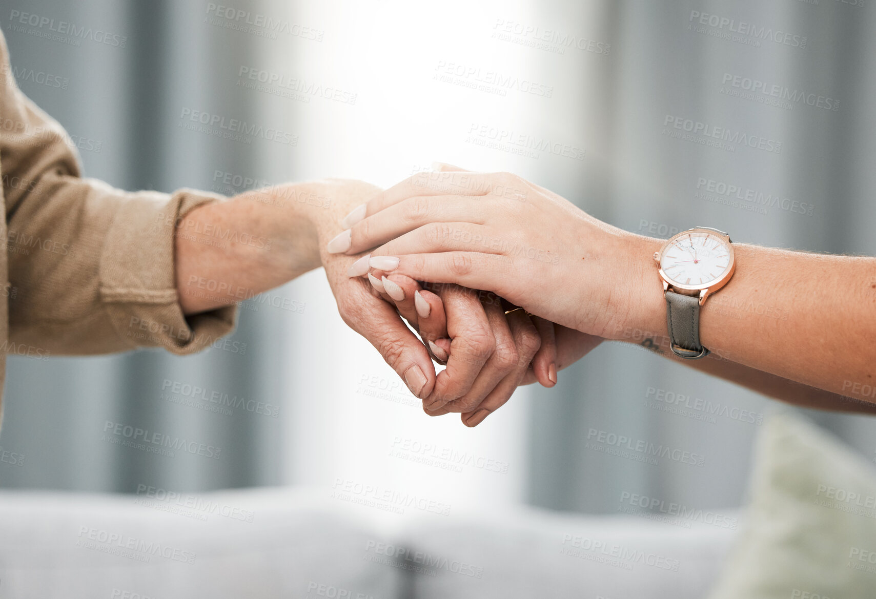 Buy stock photo Trust, patient or nurse holding hands in hospital consulting after surgery or medical test results for support. Empathy, hope or doctor in healthcare clinic nursing or helping a sick elderly person