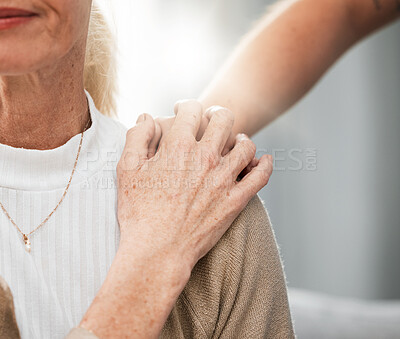 Buy stock photo Shoulder, old woman or nurse holding hands in hospital consulting about medical test news or results for support. Empathy, hope or doctor in healthcare clinic nursing or helping sick elderly patient