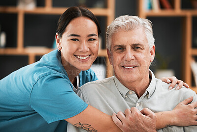 Asian nurse, elderly man and hug in portrait with support, empathy and nursing home care for retirement. Doctor, senior patient and kindness with solidarity, helping hand and excited face for embrace