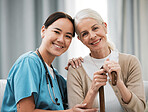 Nurse, senior woman and sofa for portrait, walking stick and smile together with happiness, chat and care. Elderly patient, asian doctor and couch with helping hand, happy and connection for support