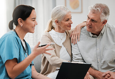 Buy stock photo Nurse, healthcare and documents with a senior couple in their home, talking to a medicine professional. Medical, insurance or life cover with a mature man and woman meeting a medicine professional