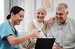 Nurse, healthcare and support with a senior couple in their home, talking to a medicine professional. Medical, insurance or life cover with a mature man and woman meeting a medicine professional