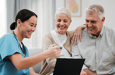 Buy stock photo Nurse, healthcare and support with a senior couple in their home, talking to a medicine professional. Medical, insurance or life cover with a mature man and woman meeting a medicine professional