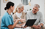 Nurse, healthcare and consulting with a senior couple in their home, talking to a medicine professional. Medical, insurance or life cover with a mature man and woman meeting a medicine professional