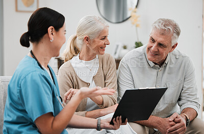 Buy stock photo Nurse, healthcare and consulting with a senior couple in their home, talking to a medicine professional. Medical, insurance or life cover with a mature man and woman meeting a medicine professional