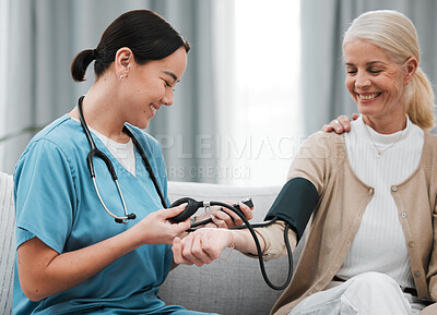 Buy stock photo Nurse, doctor or old woman with blood pressure test consulting in hospital to monitor heart wellness. Healthcare, hypertension consultation or medical physician with a happy patient for examination