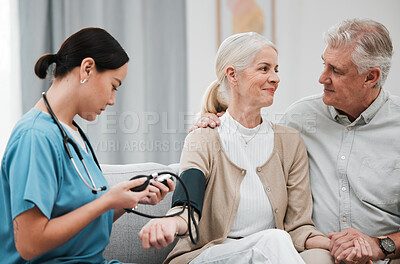 Buy stock photo Nurse, doctor or old couple with blood pressure test consulting in hospital to monitor heart wellness. Healthcare, hypertension consultation or medical physician with a happy patient for examination