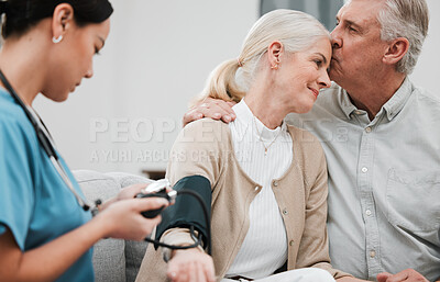 Buy stock photo Kiss, nurse or old couple with blood pressure test consulting in hospital to monitor heart healthcare. Doctor, hypertension consultation or medical physician with a happy patient for examination