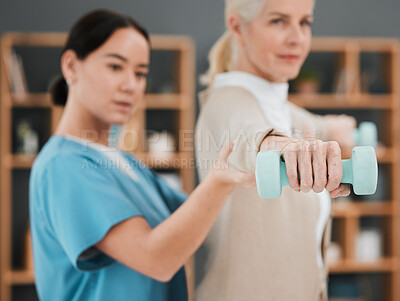 Buy stock photo Senior woman, dumbbell and physiotherapy rehabilitation nurse help for fitness and muscle support. Healthcare physiotherapist with hand of elderly patient for physical therapy and stretching exercise