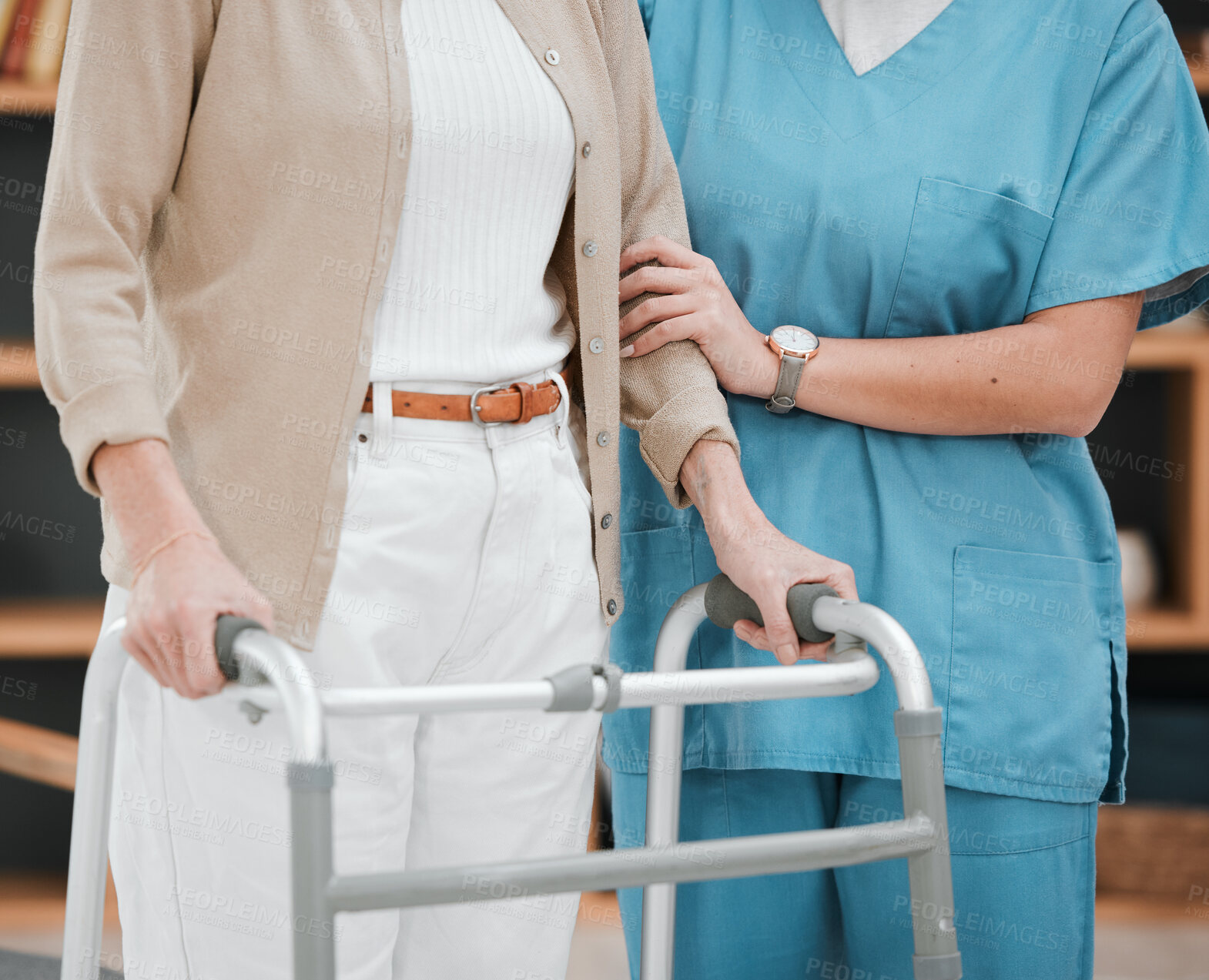 Buy stock photo Nurse or senior hands on walking frame for support, help or trust moving legs in rehabilitation. Physiotherapy healthcare, elderly nursing or medical caregiver consulting disabled patient