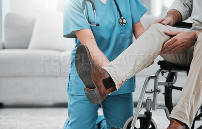 Buy stock photo Physiotherapy woman, senior man and wheelchair for legs rehabilitation, recovery or nursing home care. Physiotherapist expert, helping hand and elderly patient for injury, disability and hurt muscle