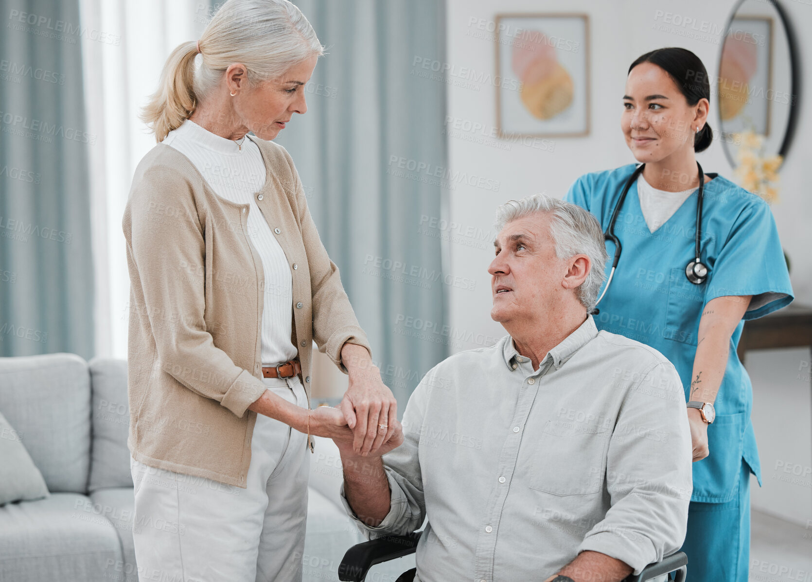 Buy stock photo Disability, nurse or old couple holding hands in rehabilitation for support, empathy or solidarity together. Physiotherapy healthcare, wheelchair or medical caregiver nursing elderly disabled patient