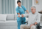 Disability, nurse or old man with dumbbell in wheelchair moving arm for muscle strength in rehabilitation. Physiotherapy healthcare, nursing or medical doctor consulting disabled elderly patient 