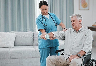 Buy stock photo Disability, nurse or old man with dumbbell in wheelchair moving arm for muscle strength in rehabilitation. Physiotherapy healthcare, nursing or medical doctor consulting disabled elderly patient 