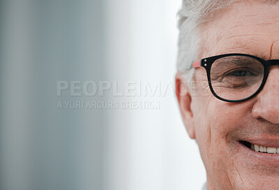 Buy stock photo Glasses, senior smile and face portrait of a elderly man with mock up from vision check. Happy old person, retirement and nursing home resident feeling gratitude, happiness and relax in a house 