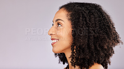 Buy stock photo Black woman, hair care and wellness from skin glow and dermatology in a studio. Profile, happiness and cosmetics of a young model with afro feeling happy from spa, facial and wellness treatment