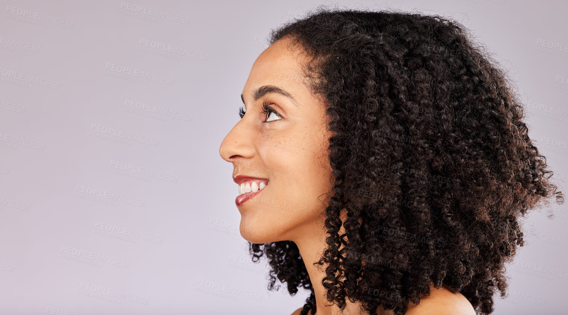 Buy stock photo Black woman, hair care and wellness from skin glow and dermatology in a studio. Profile, happiness and cosmetics of a young model with afro feeling happy from spa, facial and wellness treatment