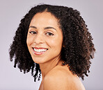Black woman, hair care and portrait with skin glow and dermatology in a studio. Profile, happiness and cosmetics of a young model with afro feeling happy from spa, facial and wellness treatment