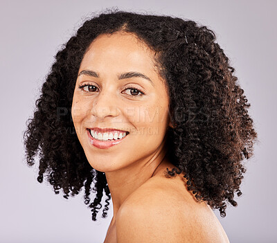 Buy stock photo Black woman, hair care and portrait with skin glow and dermatology in a studio. Makeup, happiness and cosmetics of a young model with afro feeling happy from spa, facial and wellness treatment