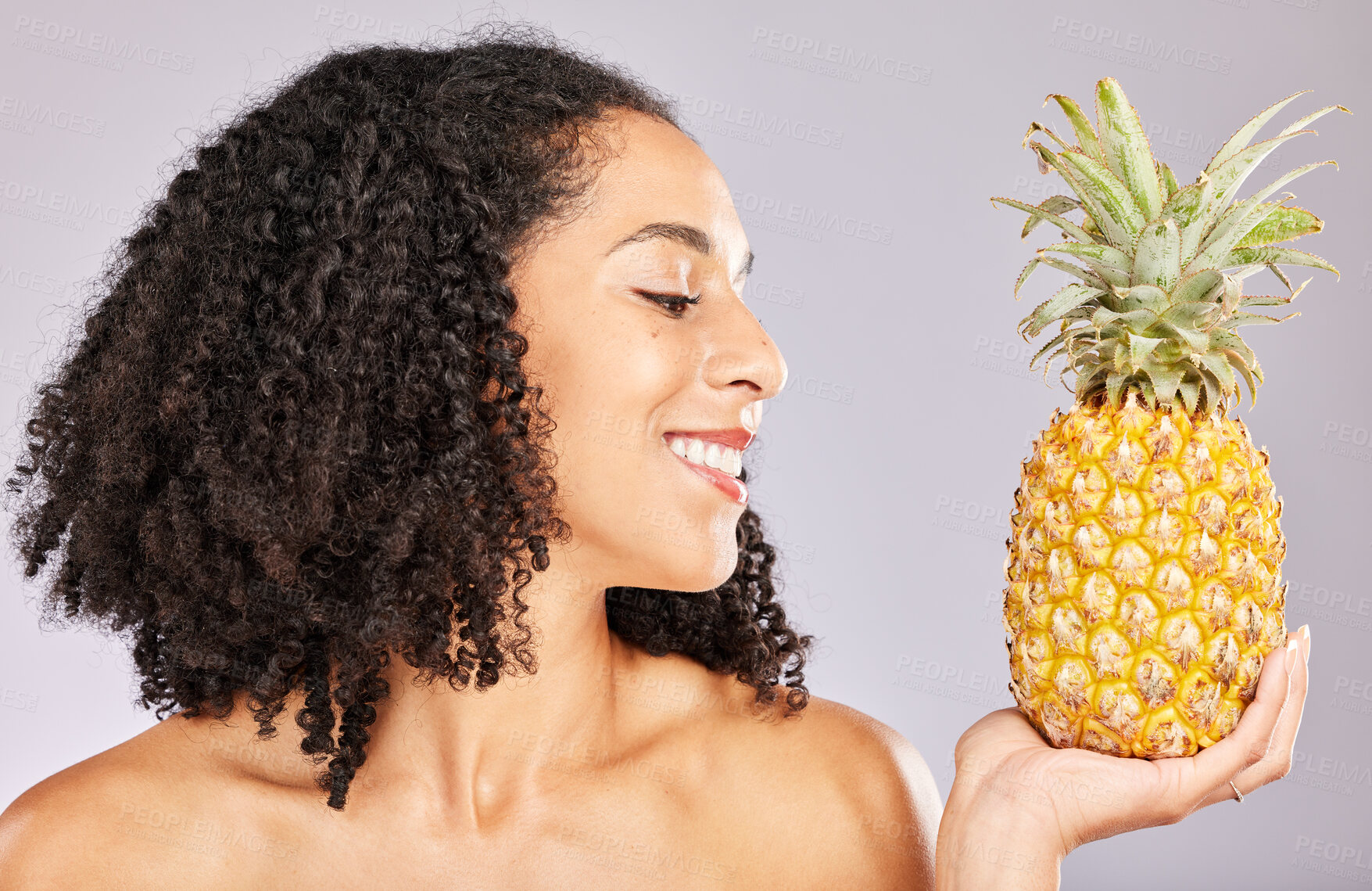 Buy stock photo Pineapple, black woman smile and yellow tropical fruit for vitamin c diet and wellness. Isolated, studio background and nutrition for detox, weight loss and skin glow with healthy organic fruits