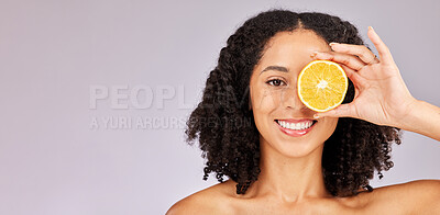 Buy stock photo Face portrait, skincare and black woman with lemon in studio isolated on a gray background mock up. Nutrition, cosmetics and happy female model with fruit food for vitamin c, diet or healthy skin.