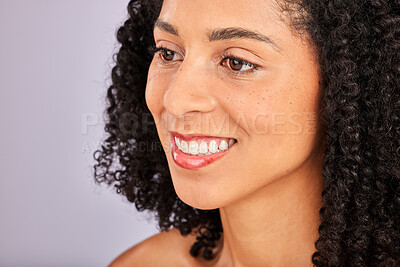 Buy stock photo Black woman, face zoom and wellness from skin glow and dermatology in a studio. Profile, happiness and cosmetics of a young model with afro feeling happy from spa, facial and skincare treatment