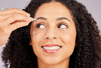 Buy stock photo Eyebrow grooming, face tweezer and black woman with wellness, dermatology and facial hair cleaning. Skincare, epilation and clean beauty routine of a young model in a studio doing skin pore removal