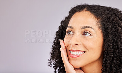 Buy stock photo Black woman, salon beauty and mockup from skin glow and dermatology in a studio. Face, happiness and cosmetics of a young model with afro feeling happy from spa, facial and wellness treatment