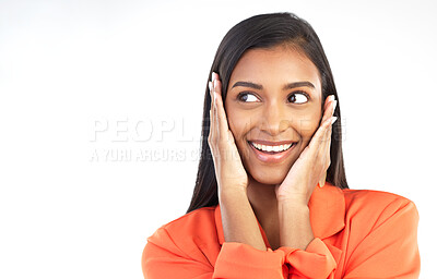 Buy stock photo Fashion mockup, thinking and Indian woman on a white background for sale, discount news and deal. Copy space, blank advertising and happy is girl excited for product placement, branding and promotion