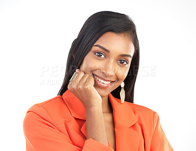 Buy stock photo Indian woman, studio portrait and beauty of female feeling happy, relax and cheerful. Isolated, white background and young businesswoman with a smile and happiness face from modern style smiling 