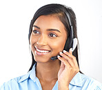 Crm, customer service and contact us Indian woman worker on a business call in a studio. Marketing, networking and web support consulting of a employee with a smile from call center sales work