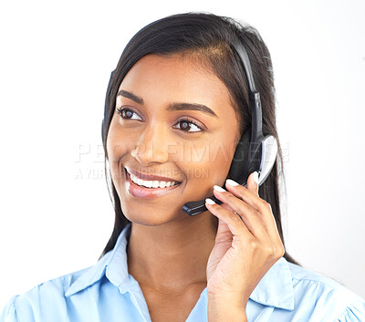 Buy stock photo Crm, customer service and contact us Indian woman worker on a business call in a studio. Marketing, networking and web support consulting of a employee with a smile from call center sales work