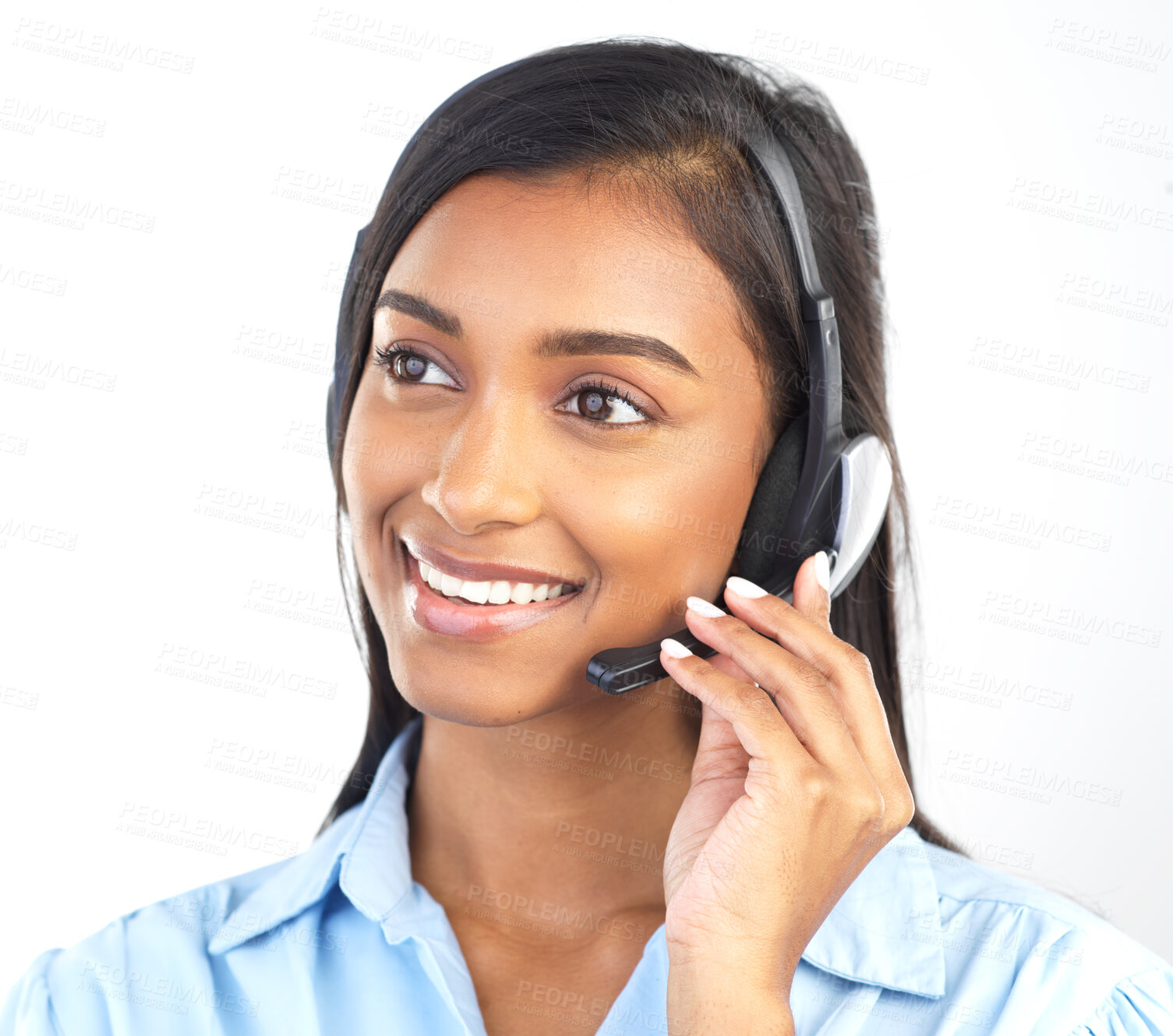 Buy stock photo Crm, customer service and contact us Indian woman worker on a business call in a studio. Marketing, networking and web support consulting of a employee with a smile from call center sales work