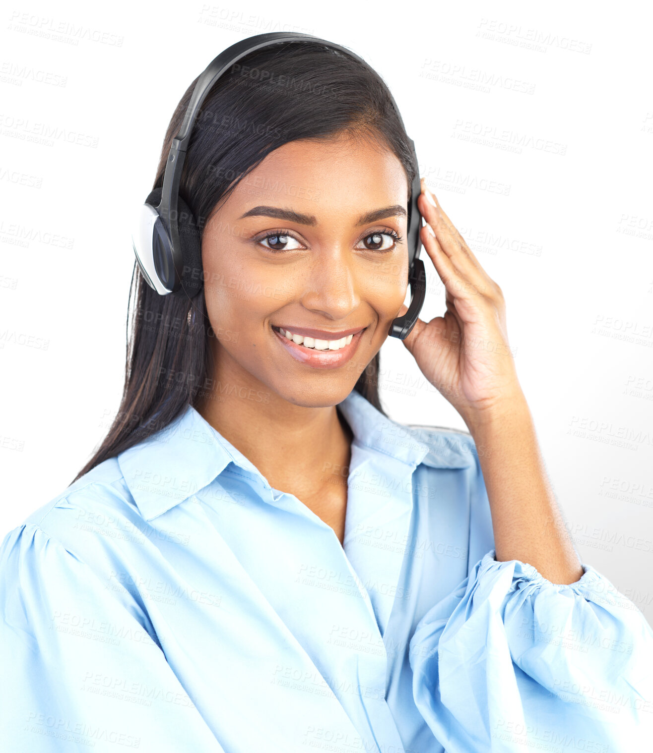 Buy stock photo Crm, customer service and portrait of Indian woman worker on a business call in a studio. Marketing, networking and web support consulting of a employee with a smile from call center sales work