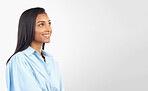Mockup space, thinking and Indian woman on a white background for brainstorming, ideas and vision. Copyspace, blank advertising and happy girl with smile for product placement, branding and promotion