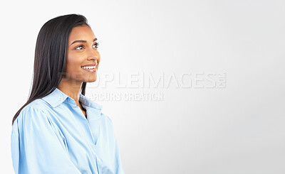Buy stock photo Mockup space, thinking and Indian woman on a white background for brainstorming, ideas and vision. Copyspace, blank advertising and happy girl with smile for product placement, branding and promotion