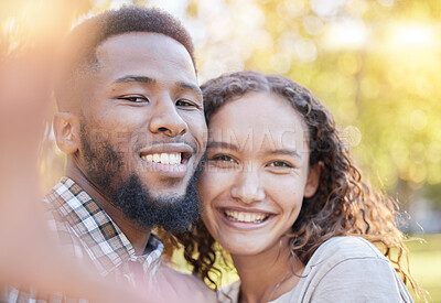 Buy stock photo Couple of friends in portrait selfie at park for outdoor relax, happy date and interracial love on social media. Happy woman, gen z or young people in nature, profile picture post and smile together