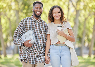 Buy stock photo College, holding hands and portrait of interracial couple in park for relax, study date and learning. Academic, textbook and education with black man and woman for university, care and bonding