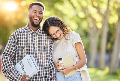 Buy stock photo Studying, college and portrait of an interracial couple at a park to study, learn and work on campus. Happy, laughing and black man and woman in a garden for learning, exam preparation and school
