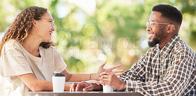 Buy stock photo Coffee date, black couple and happy outdoor talking and bonding at table. Man and woman with a drink or tea to relax with communication to talk about love and care at cafe or shop for conversation