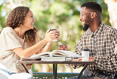 Buy stock photo Black couple, coffee and happy outdoor on a date while studying, talking and bonding at table. Man and woman students with a drink or tea to relax, study and talk about love and care at cafe or shop
