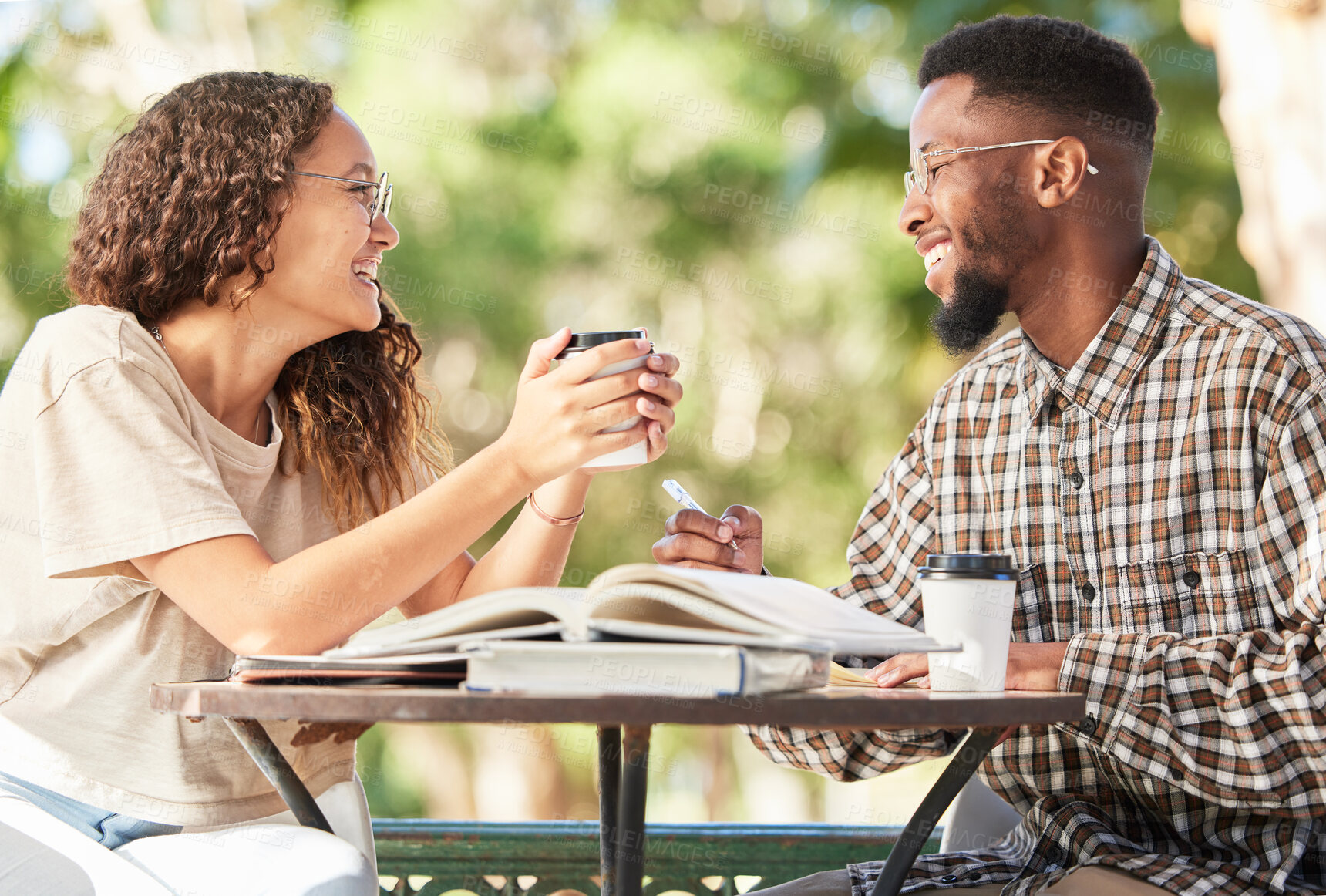 Buy stock photo Black couple, coffee and happy outdoor on a date while studying, talking and bonding at table. Man and woman students with a drink or tea to relax, study and talk about love and care at cafe or shop