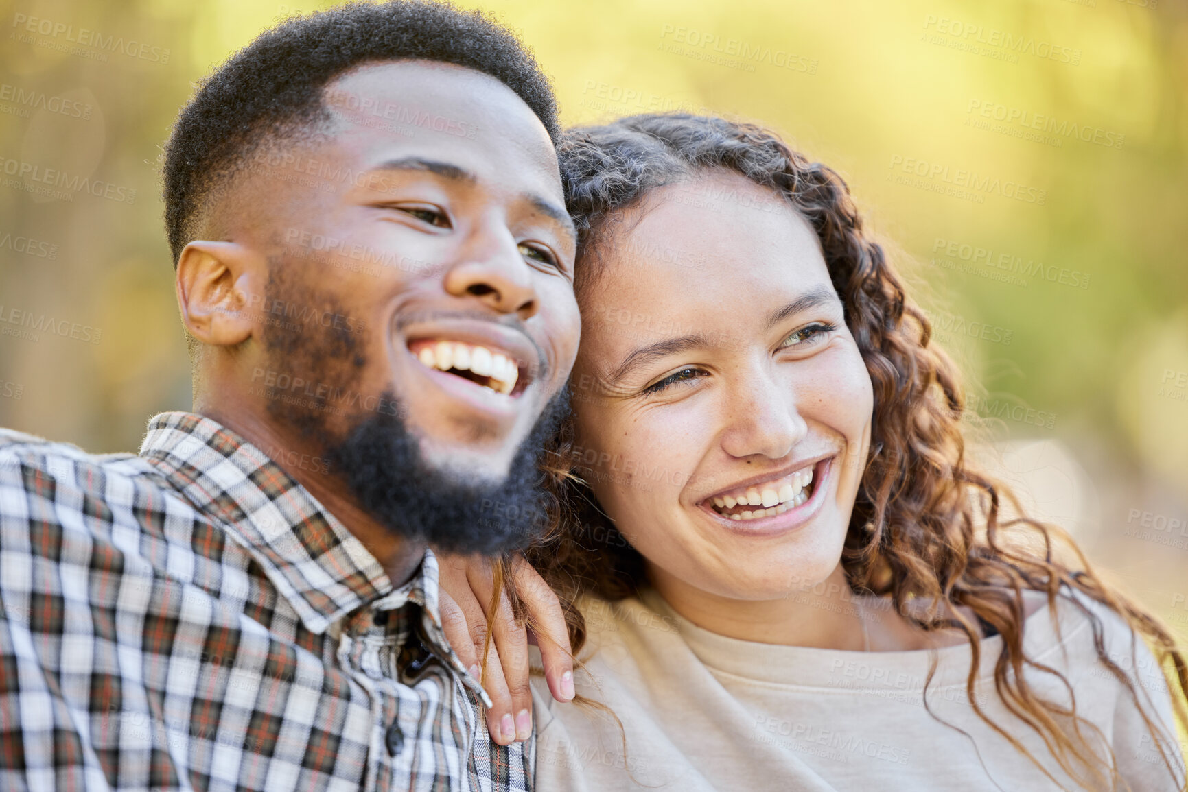 Buy stock photo Happy, love and a couple in the park during summer for a romantic date in celebration of their anniversary. Smile, romance or affection with a man and woman outdoor in nature or a green garden