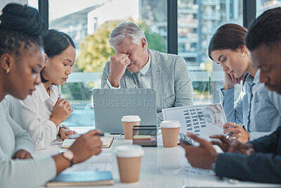 Buy stock photo Business meeting, manager headache and people in stress, tired or focus problem thinking of documents review. Burnout, fatigue and senior boss or man in pain, crisis or anxiety in workshop or seminar