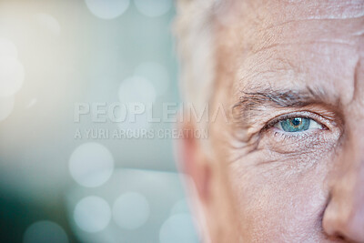 Buy stock photo Retina, vision and mockup with blue eye of old man for focus, optometry and healthcare. Iris, human and awareness with senior male and pupil for sight, natural and ophthalmology on bokeh background